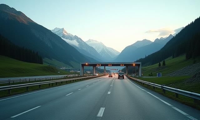 Alpenpass in Österreich mit Fließverkehr am Mautpunkt