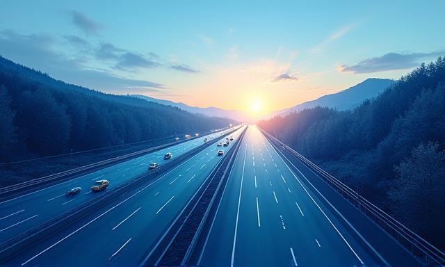 Stilisierte Autobahn mit vernetzten Datenpunkten und digitaler Technologie